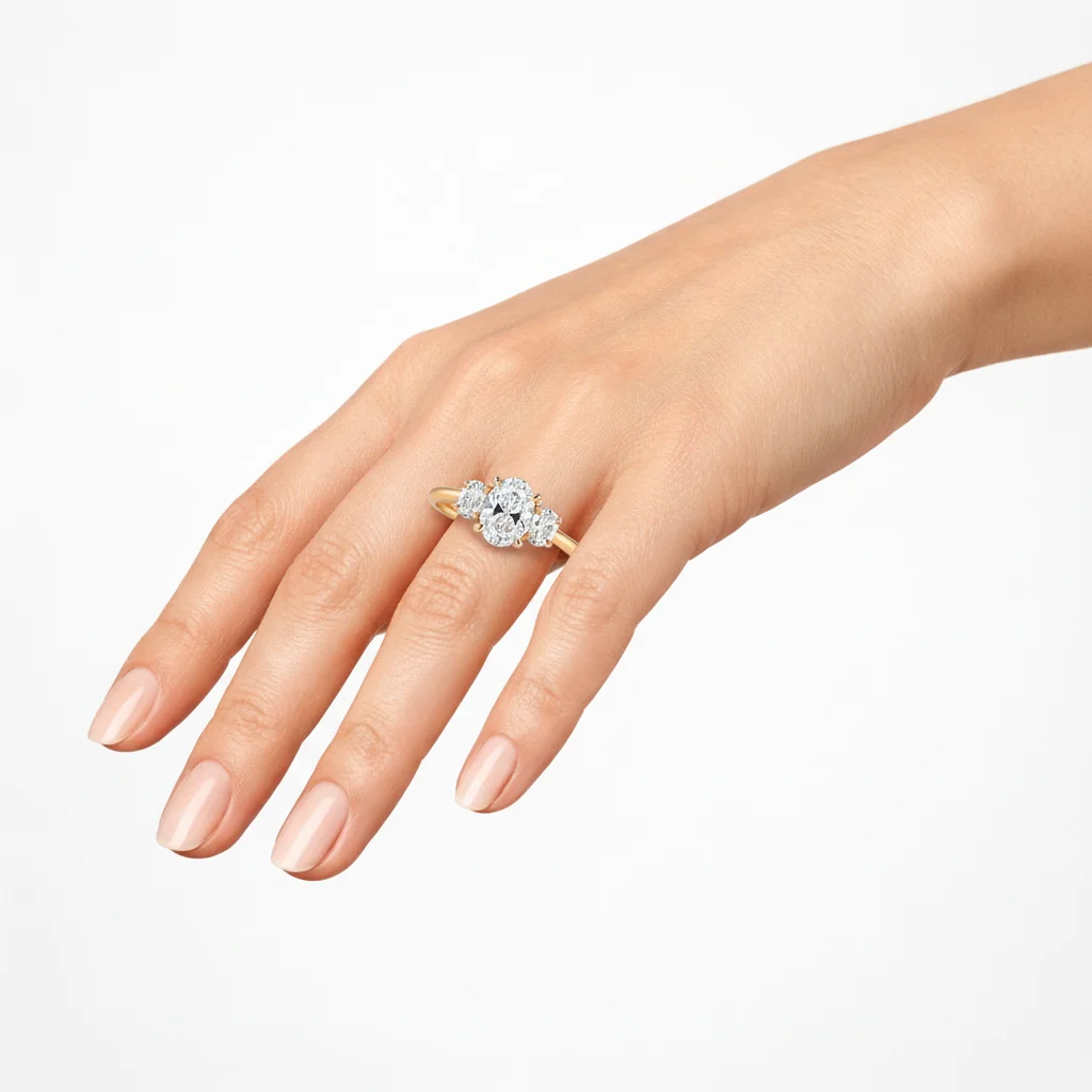 Before and after of a diamond ring added to a hand photo with virtual ring try on
