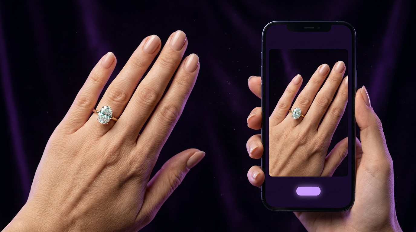 A hand wearing a diamond ring beside a phone showing a free ring try-on online preview of the same hand