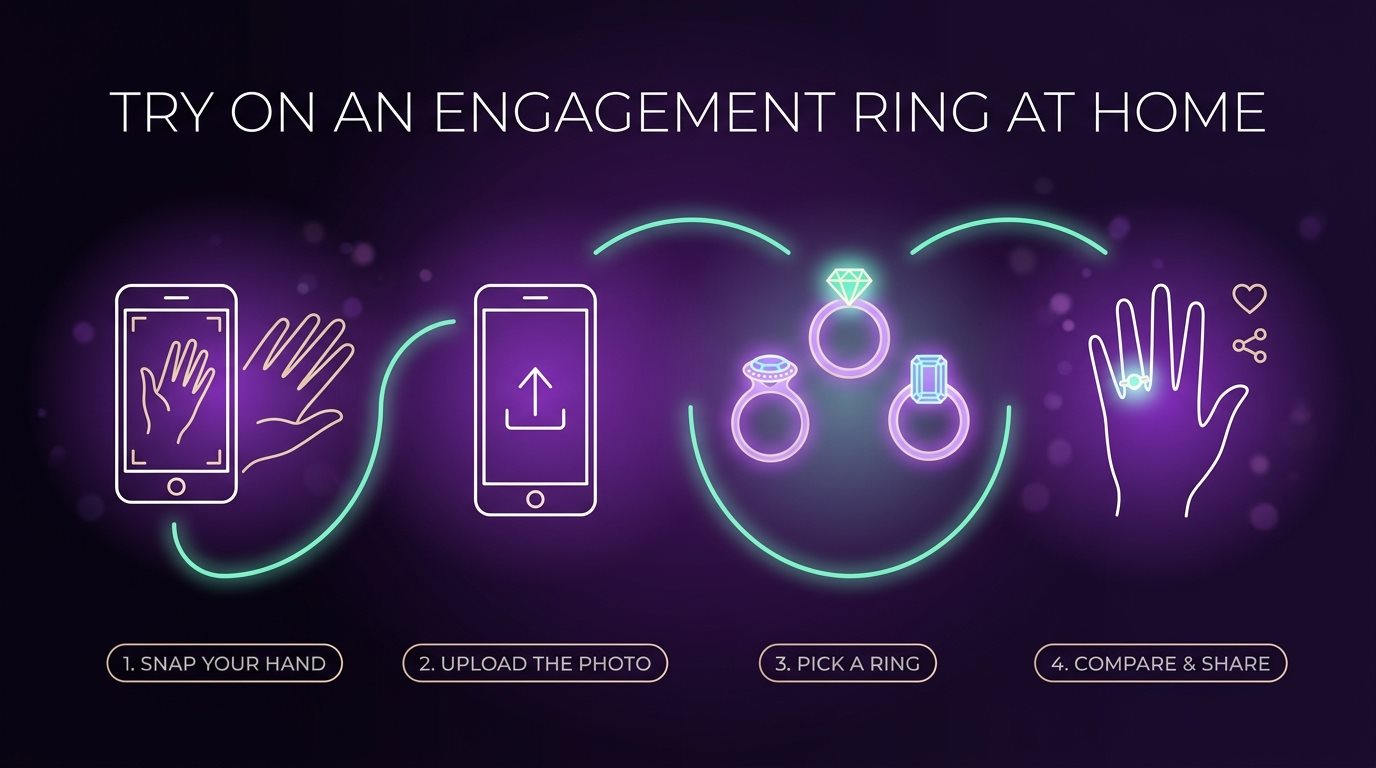 Four steps for an engagement ring try on at home: snap your hand, upload it, pick a ring, compare and share