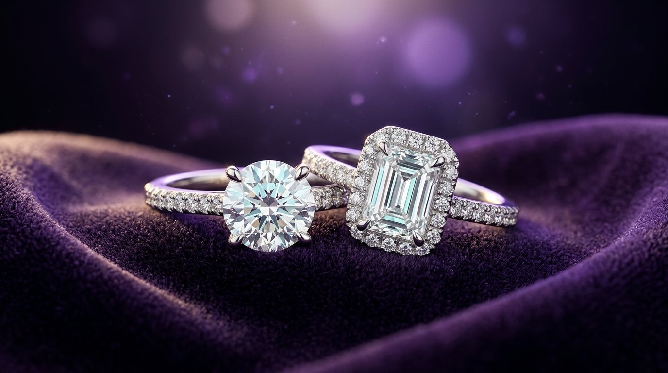Two diamond engagement rings, a round solitaire with a pavé band and an emerald-cut halo, on dark purple velvet