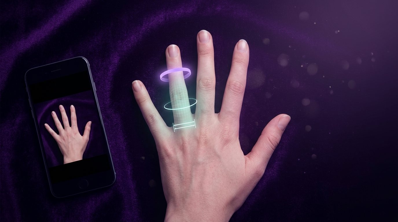A hand being scanned for virtual ring try-on size, with measurement lines across the base of the ring finger