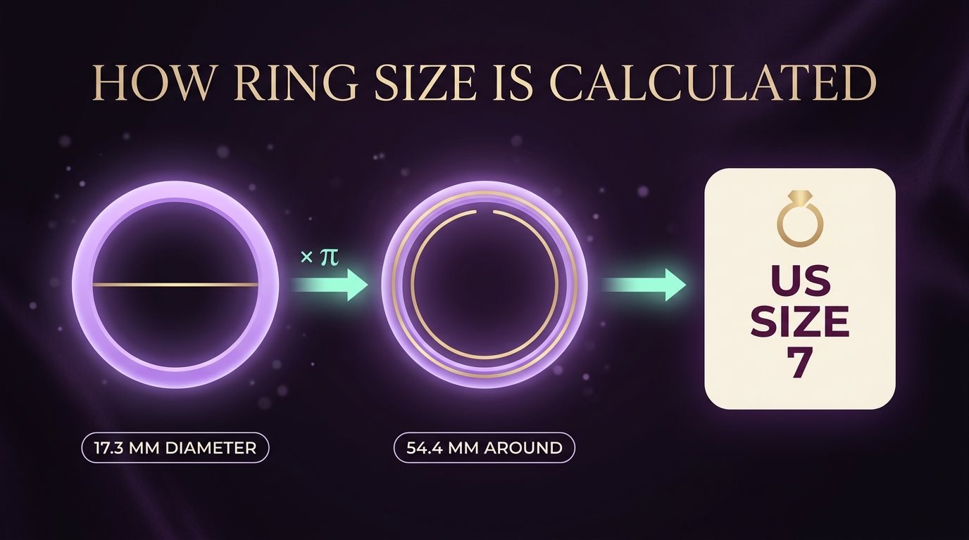 Diagram showing a 17.3 mm ring diameter times pi equals 54.4 mm around, which is a US size 7