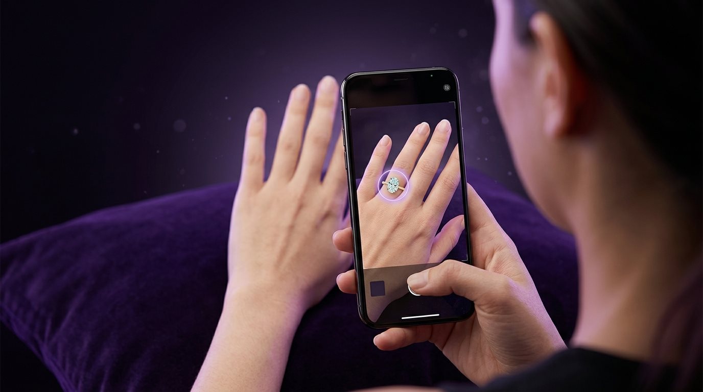 A phone showing a virtual engagement ring try on of an oval diamond ring on the user's own left hand