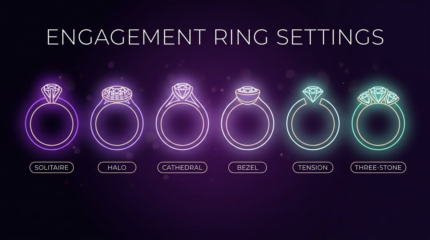 Six engagement ring settings side by side: solitaire, halo, cathedral, bezel, tension and three-stone