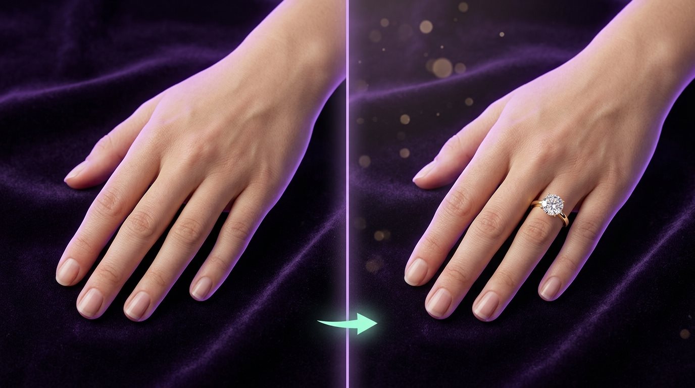 Before and after of a free ring try on: the same hand without a ring and wearing a yellow gold diamond solitaire