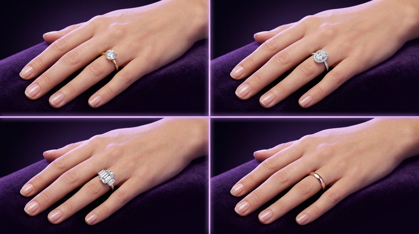 The same hand wearing four ring styles: a round solitaire, an oval halo, an emerald-cut three-stone and a rose gold band