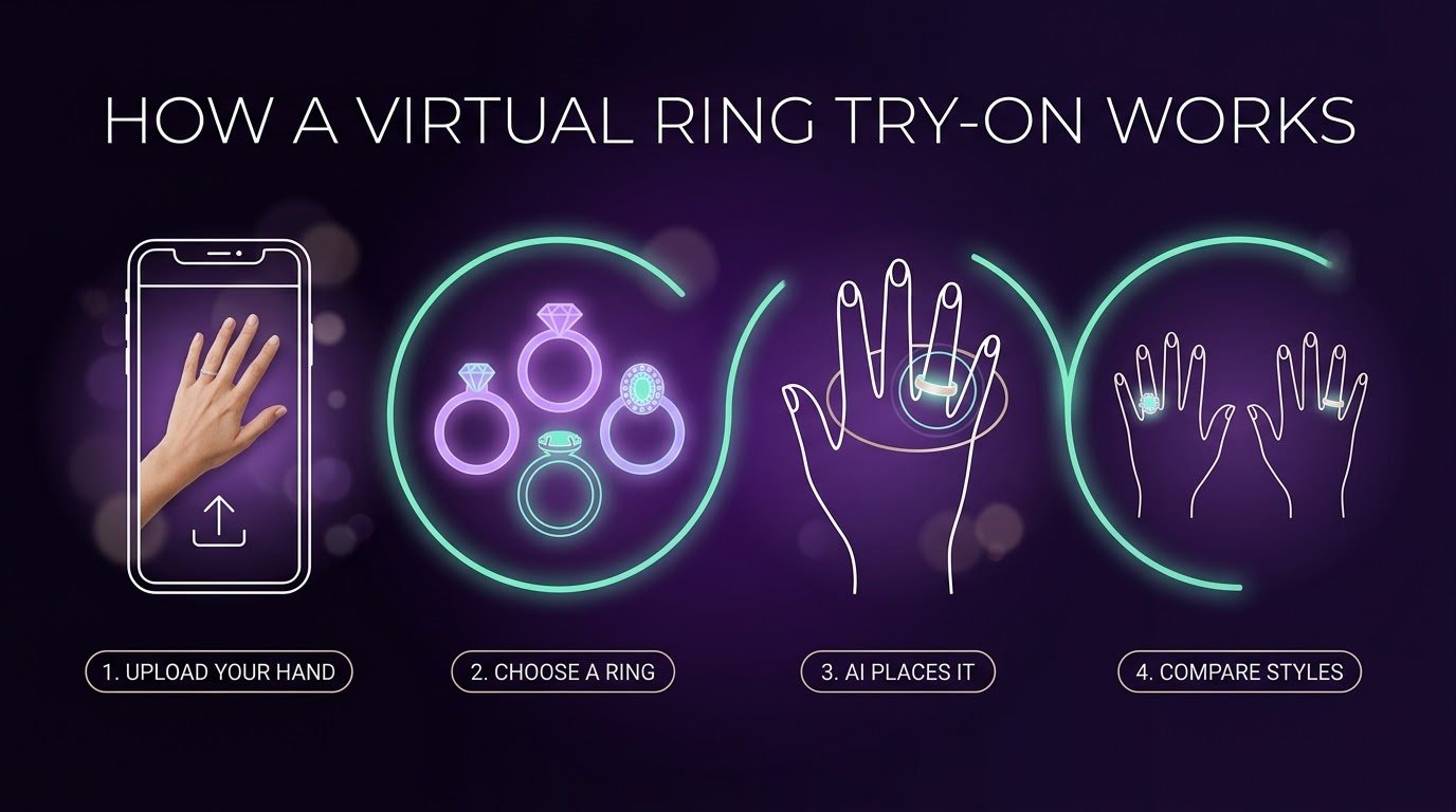 Four steps of an engagement ring virtual try on: upload your hand, choose a ring, AI places it, compare styles