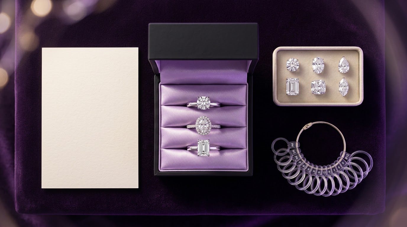 An engagement ring try on kit with three sample rings, loose sample stones and a ring sizer on purple velvet