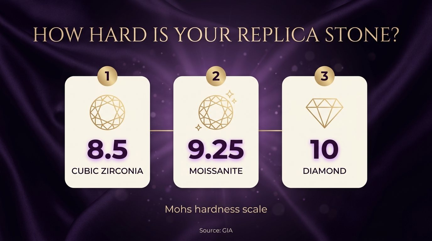 Mohs hardness of replica ring stones: cubic zirconia 8.5, moissanite 9.25, diamond 10