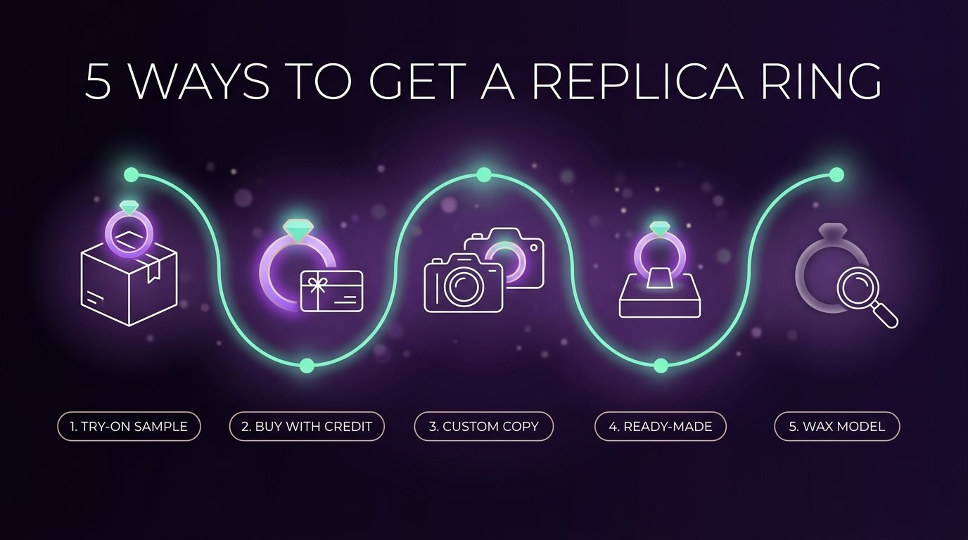 Five ways to get a replica engagement ring: try-on sample, buy with credit, custom copy, ready-made, wax model