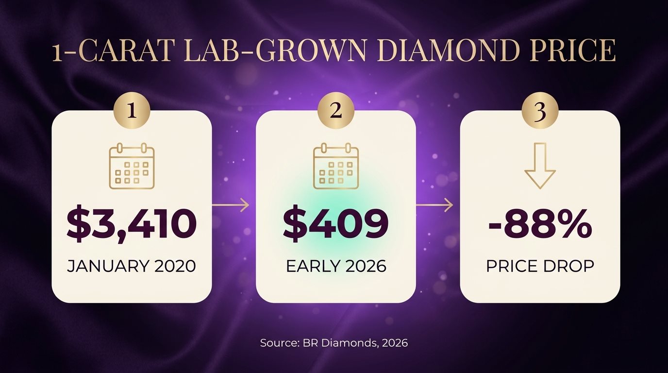 One-carat lab-grown diamond price: $3,410 in January 2020 vs $409 in early 2026, an 88% drop