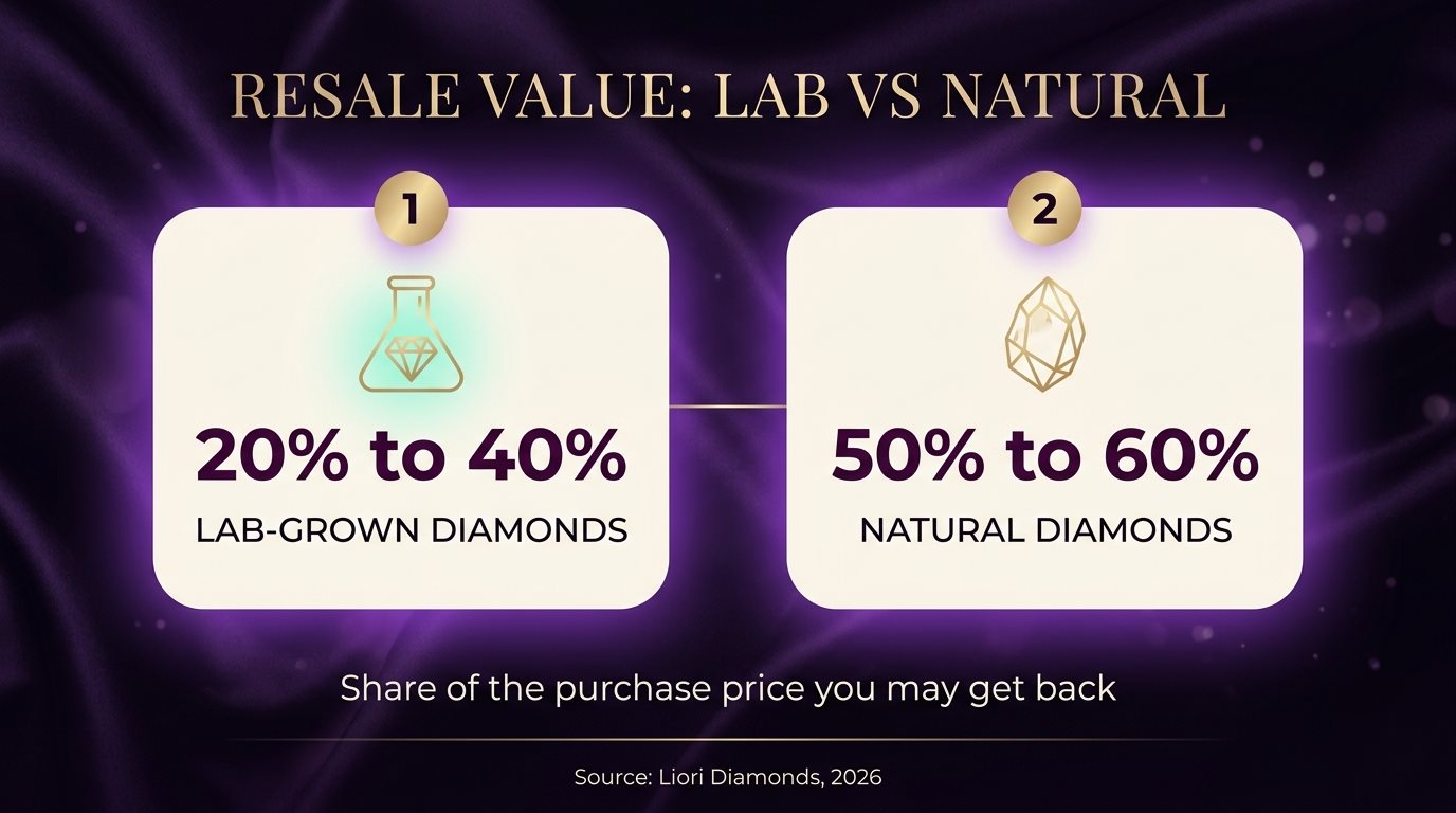 Lab-grown diamonds resell for 20% to 40% of the purchase price vs 50% to 60% for natural diamonds