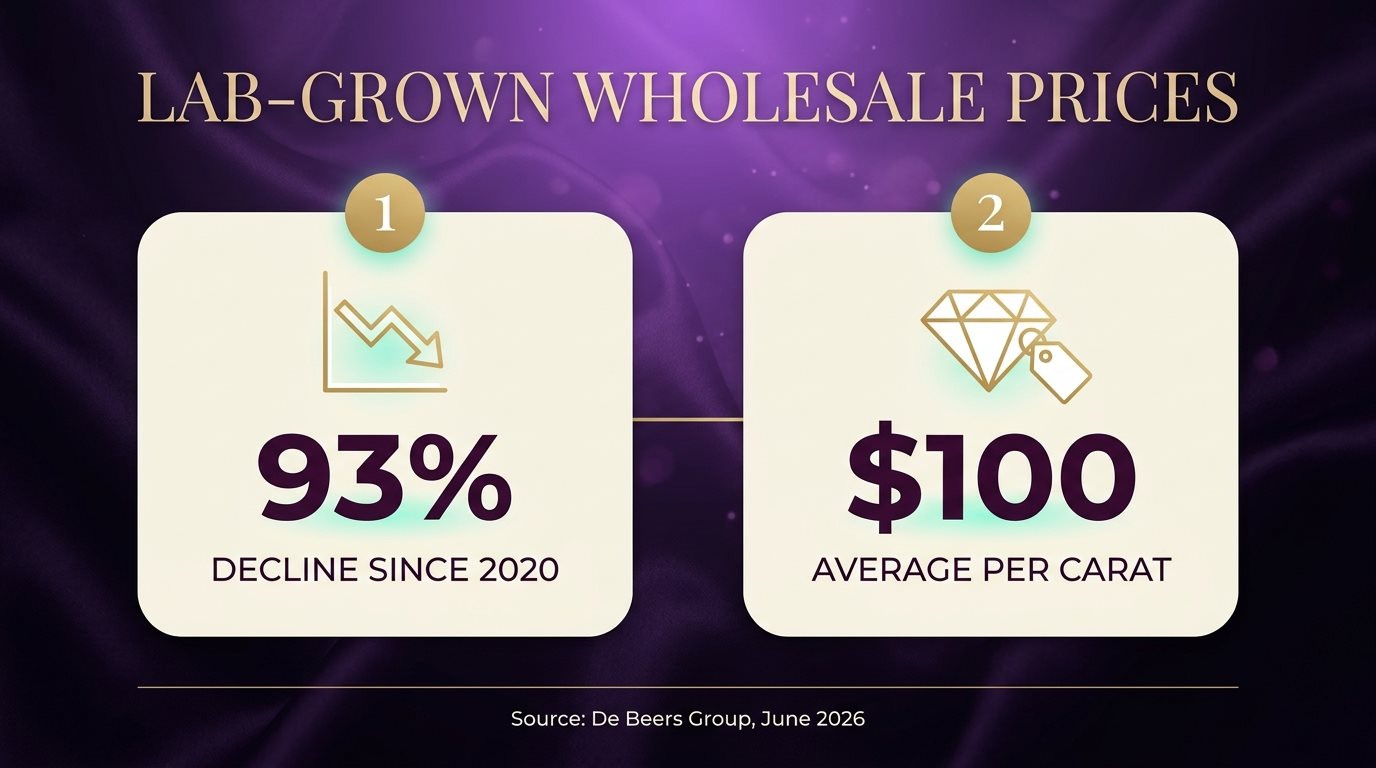 Lab-grown diamond wholesale prices down 93% since 2020, to about $100 per carat (De Beers, June 2026)