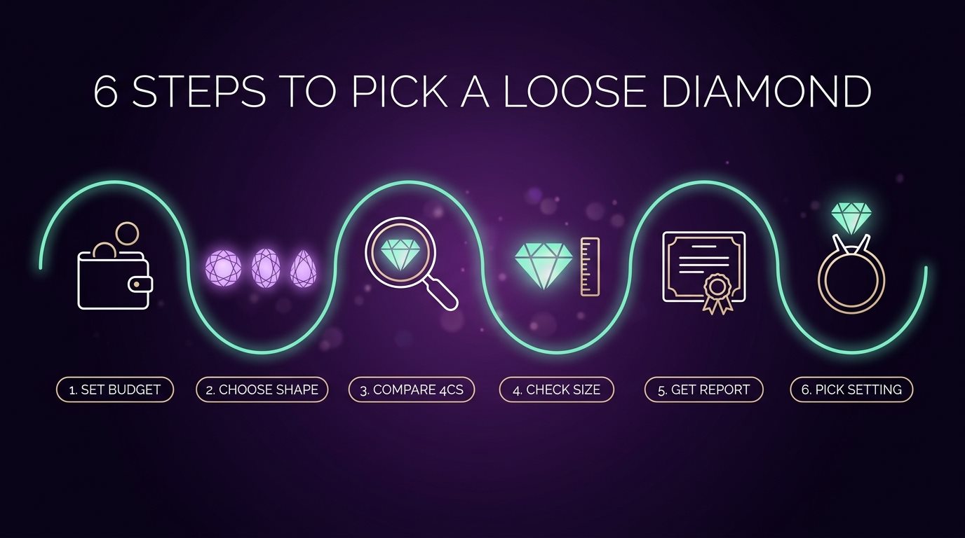 Six steps to choose a loose lab-grown diamond: budget, shape, 4Cs, size, grading report and setting