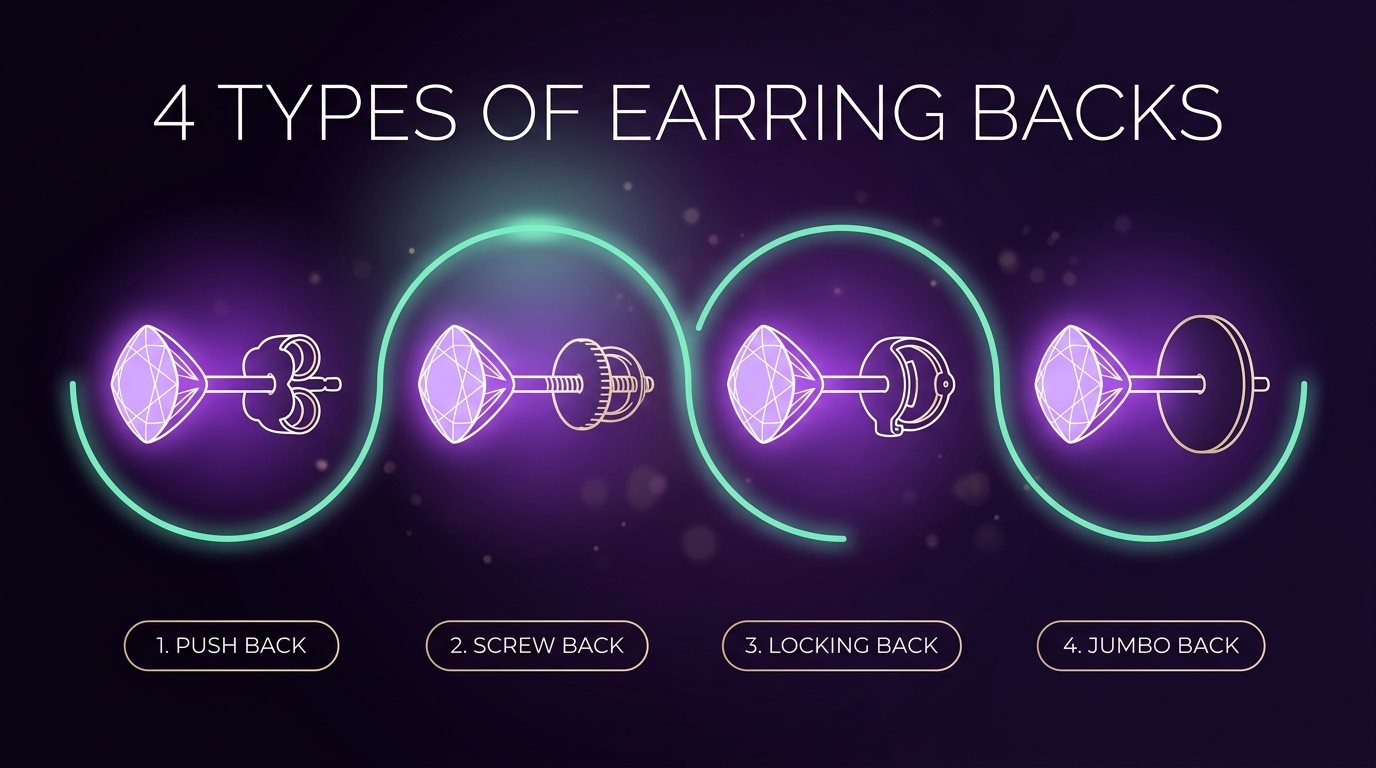 Four types of earring backs for stud earrings: push back, screw back, locking back and jumbo back