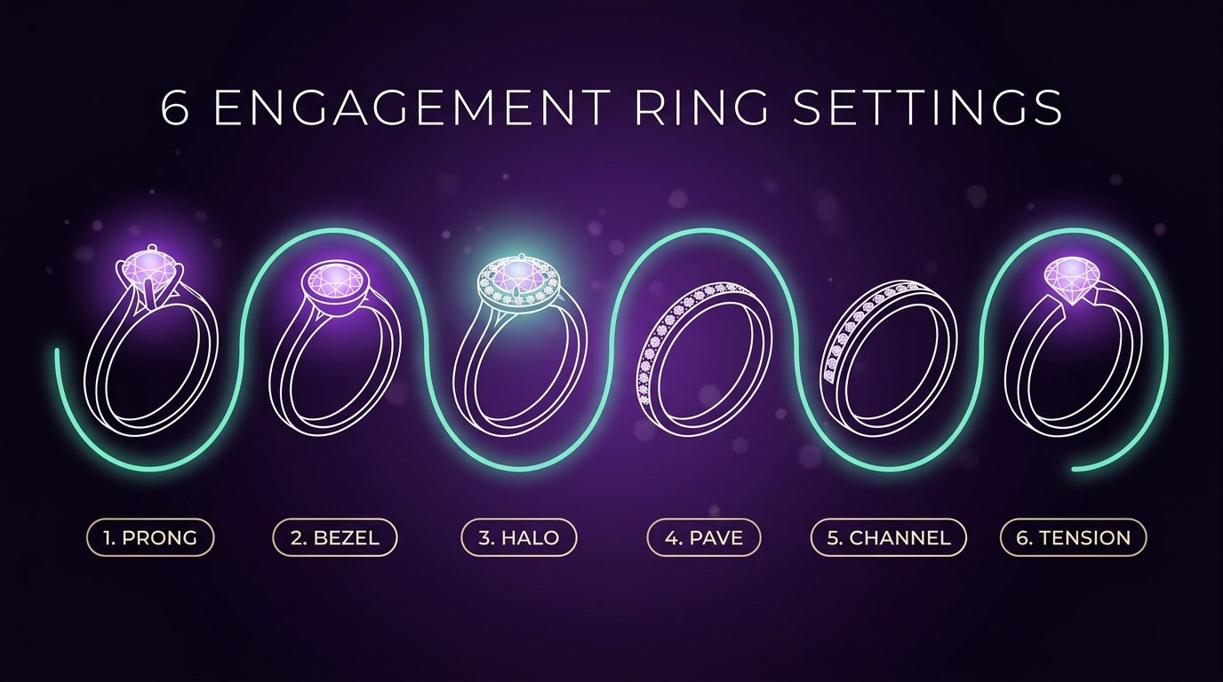 Six engagement ring settings: prong, bezel, halo, pavé, channel and tension