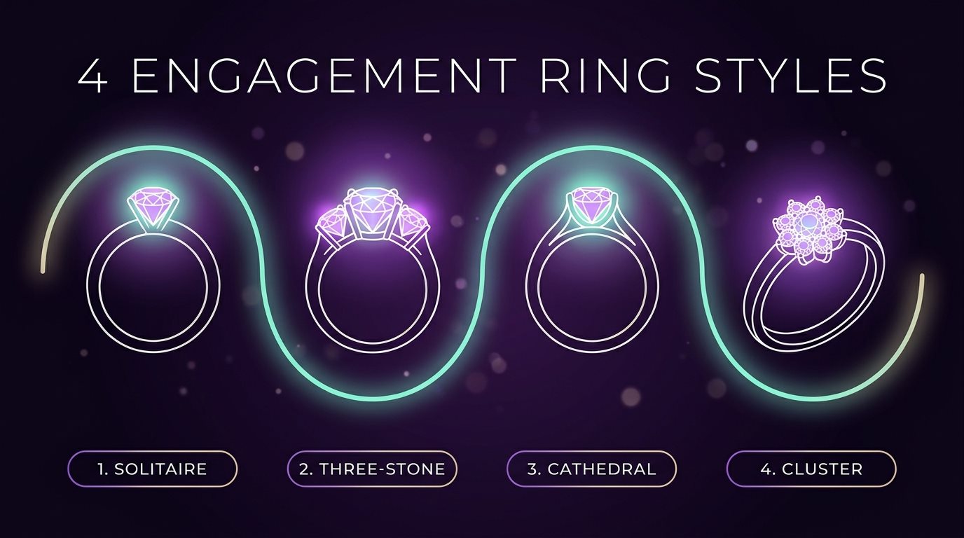 Four engagement ring styles: solitaire, three-stone, cathedral and cluster