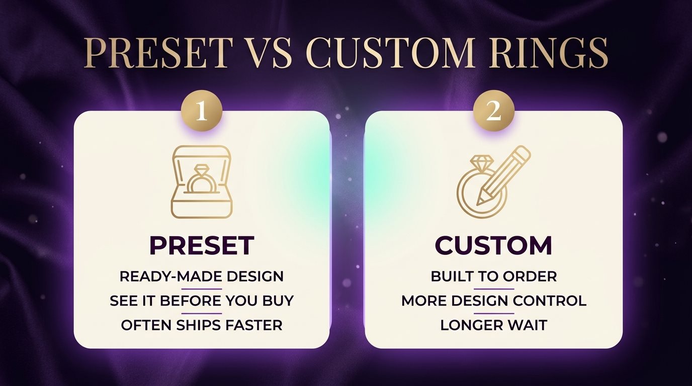 Preset vs custom engagement rings: ready-made and often faster to ship vs built to order with more design control