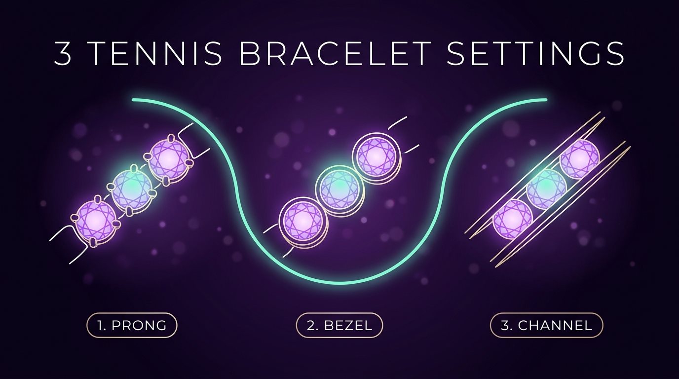 Three lab-grown diamond tennis bracelet settings: prong, bezel and channel